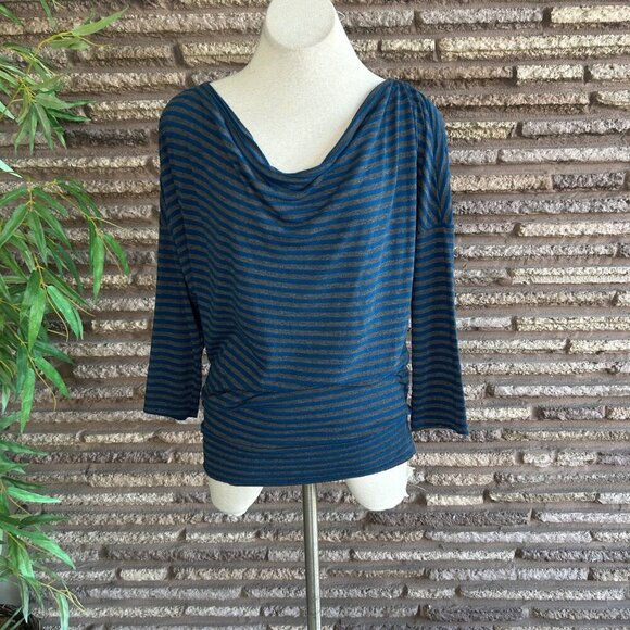 Michael Stars Teal Blue and Gray Striped Slouchy Long Sleeve Cotton Modal Top OS - Picture 9 of 10